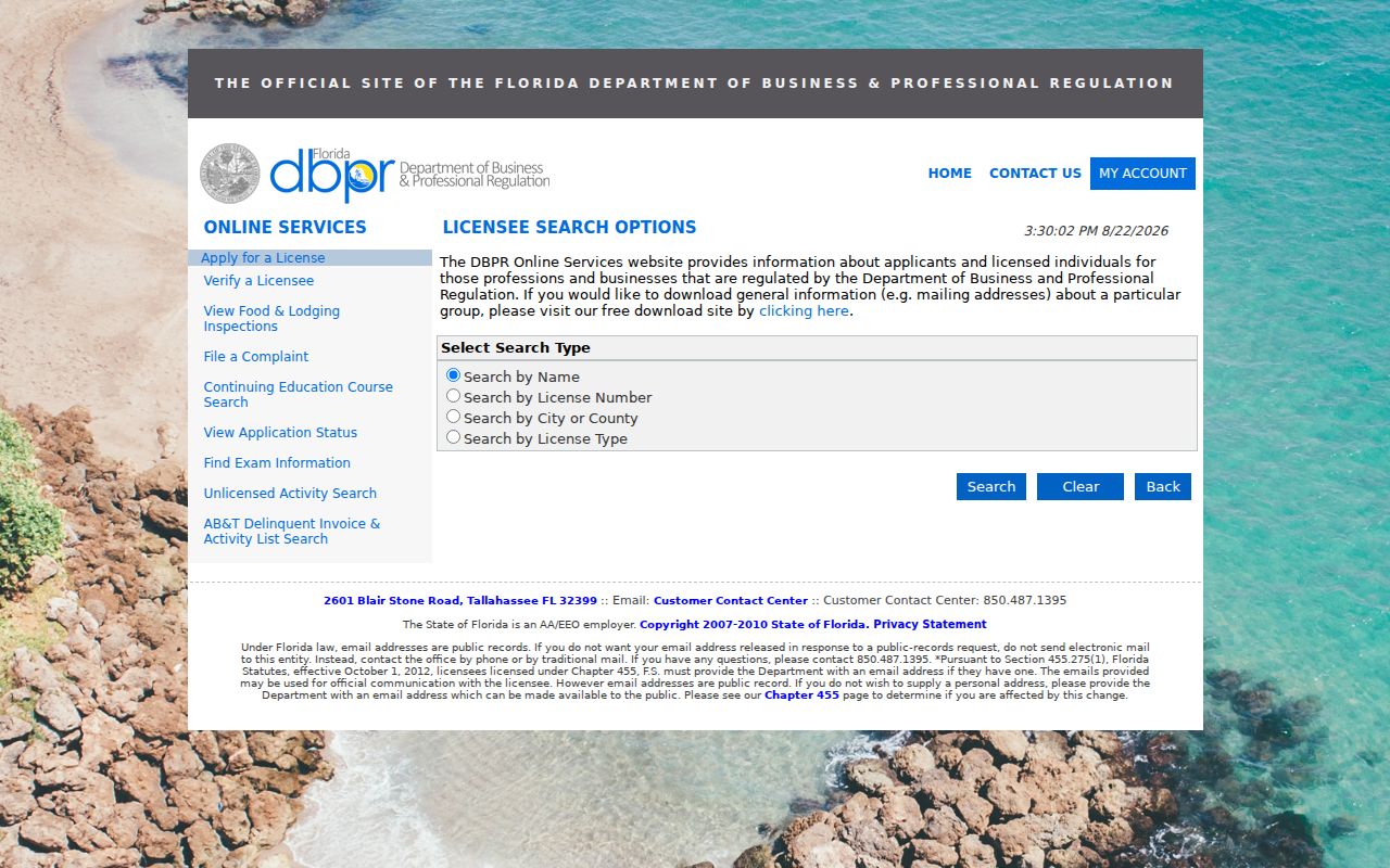 Florida DBPR license controls for a Port Orange resident lookup