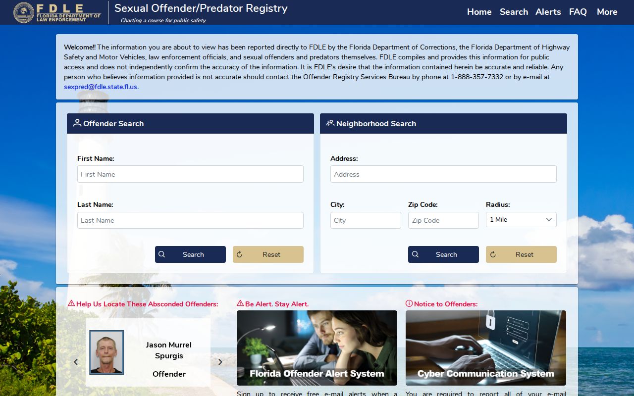 FDLE registry screen for a Port Orange resident lookup