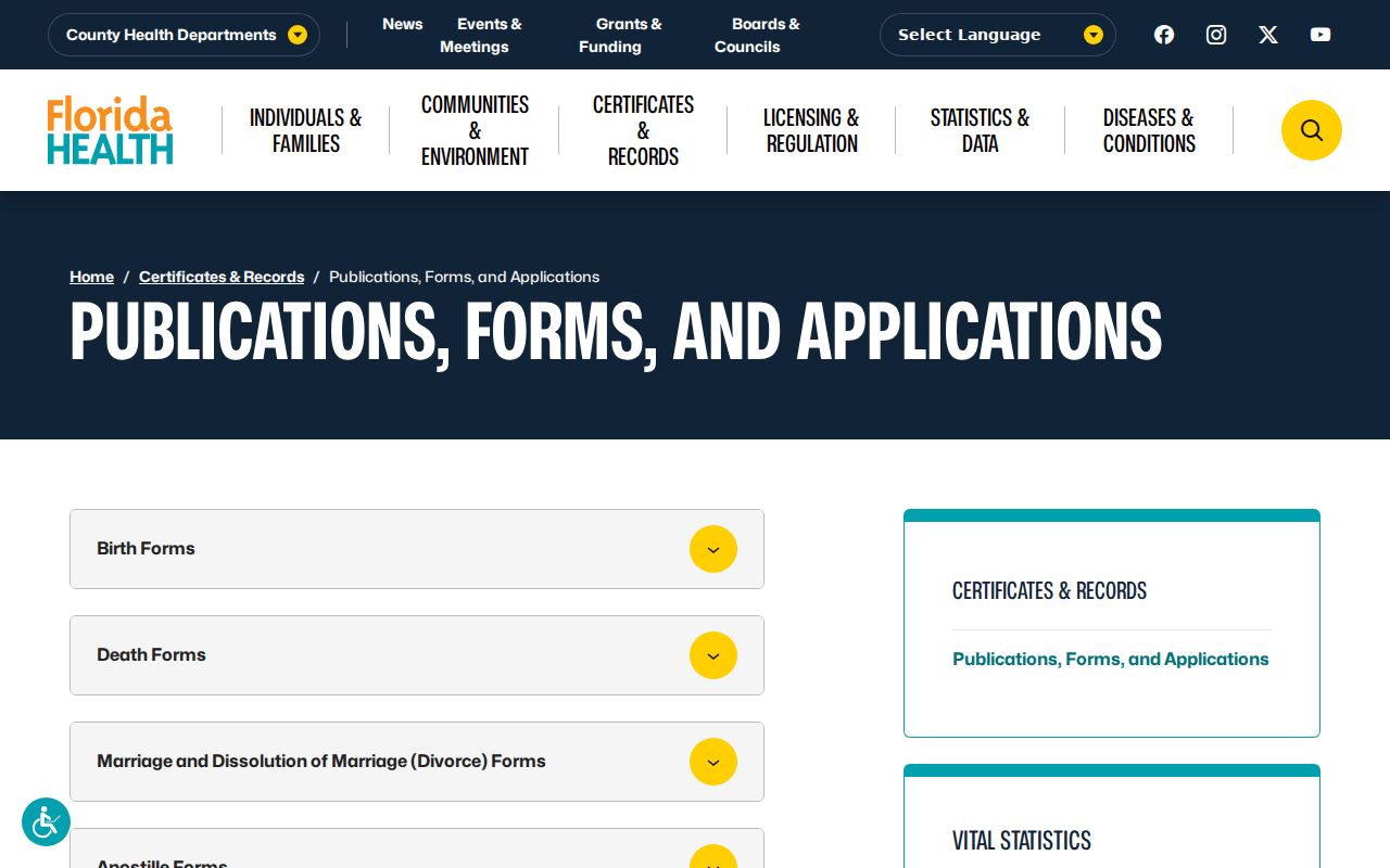 Florida vital record forms for a Port Orange resident lookup